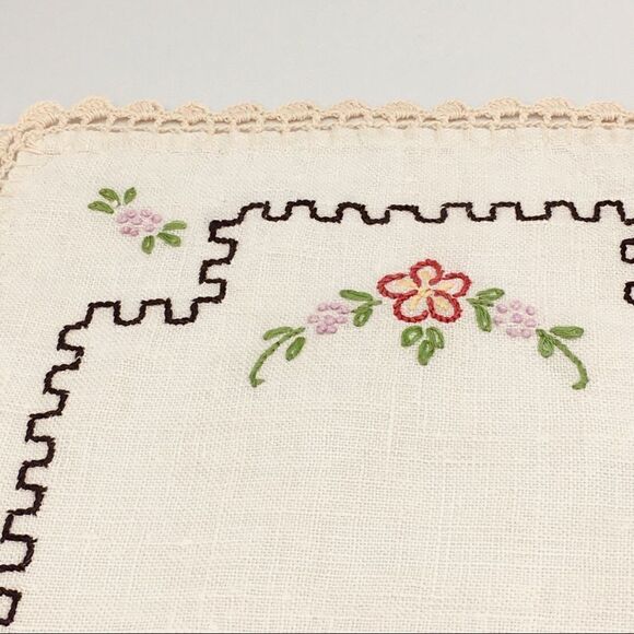 Vintage Floral Embroidered Crochet Lace Trim Linen Doily Rectangle Dresser Scarf - Picture 11 of 14